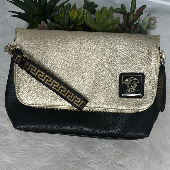 VERSACE Parfums Gold Black Faux Leather Clutch Crossbody Bag. - Picture 5 of 10